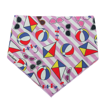 Colorful bandana with beach ball, kite, and sunglasses pattern on a white and purple striped background
