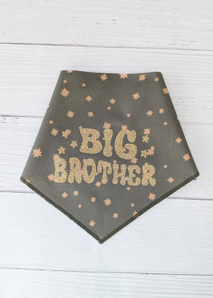 Dark Olive bandana with 'BIG BROTHER' text and star patterns on a wooden surface