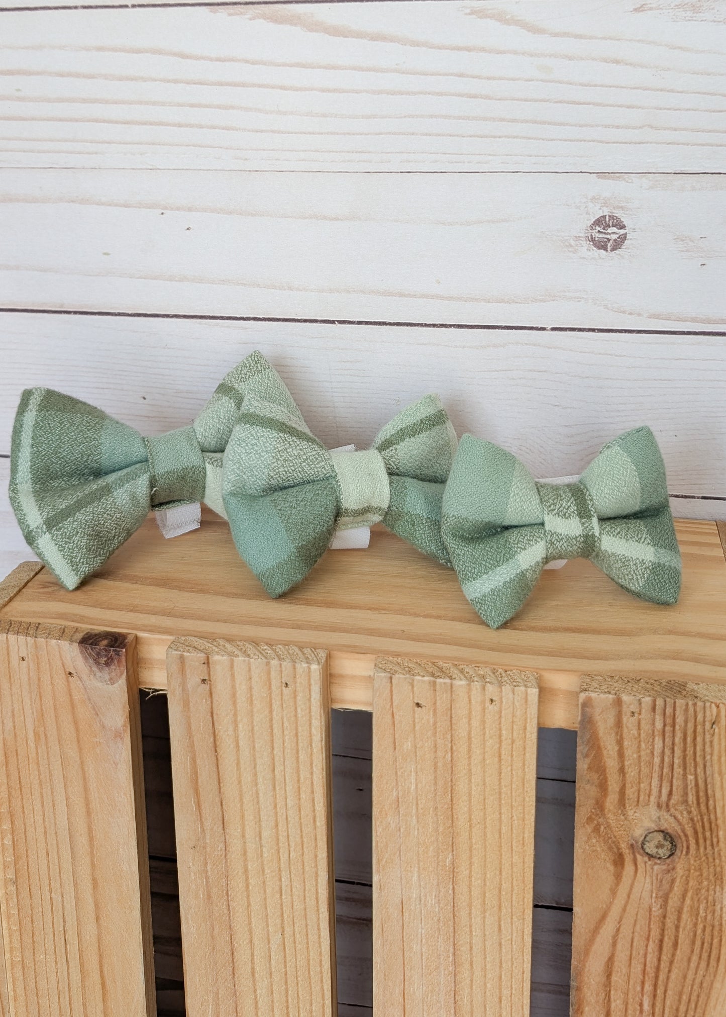 Three sage green and white plaid flannel bow ties arranged on a light wood crate against a white wood plank background.