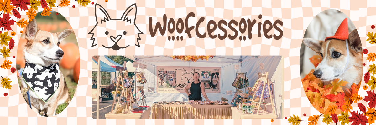 A banner for Woofcessories featuring a central photo of a dog market booth, flanked by two circular portraits of a corgi wearing a black-and-white bandana and an orange witch hat, with autumn leaves and the brand name Woofcessories.