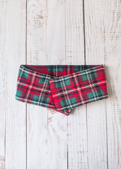 green, red, black, white plaid fleece dog scarf, front view