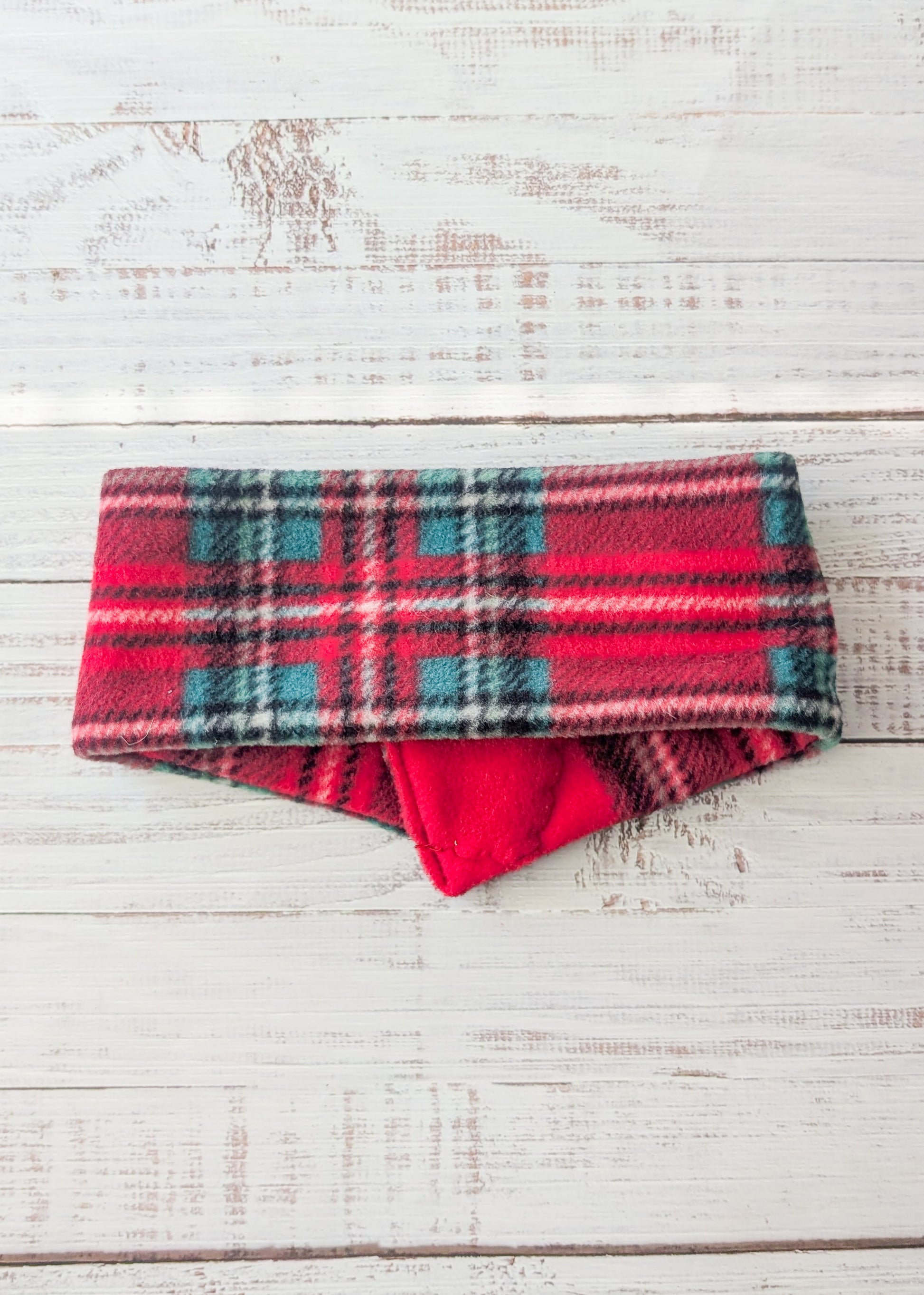 green, red, black, white plaid fleece dog scarf, back view